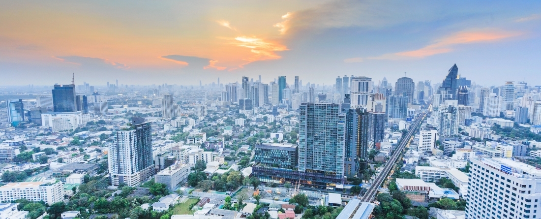 Aerial view of city with sunset