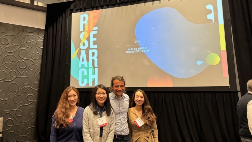 picture of CGS's awardees at the University of Maryland Research Excellence Celebration (Mengye Zhu, Ryna Cui, Christoph Bertram, and Jiehong Lou from left to right)